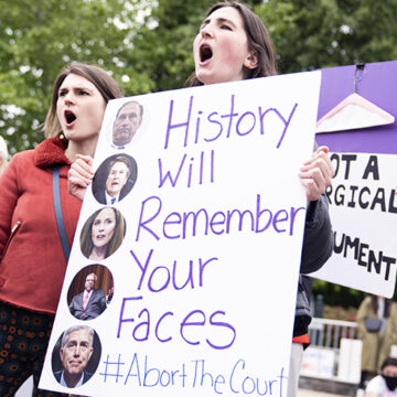 Protesters demonstrate outside the U.S. Supreme Court in response to the leaked draft opinion indicating the Court will overturn Roe v. Wade, on Mother's Day, Sunday, May 8, 2022. (Tom Williams/CQ Roll Call via AP Images)